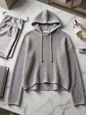Women's Light Gray Open-Knit Hooded Sweater - Casual Pullover